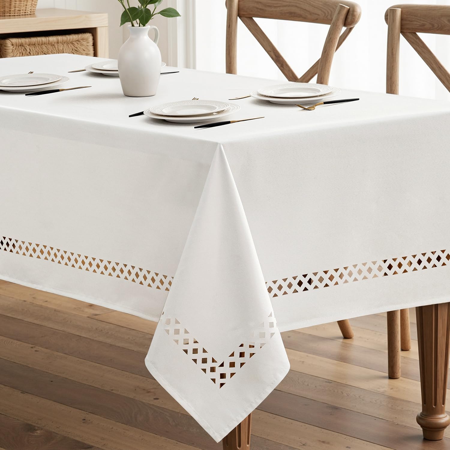 MIULEE Beige Rectangle Linen Polyester Tablecloth with Decorative Cutouts Spring Waterproof Stain Resistant & Shrink-Proof Table Cloth 60x120 inch Farmhouse Style for Dining Wedding and Outdoor