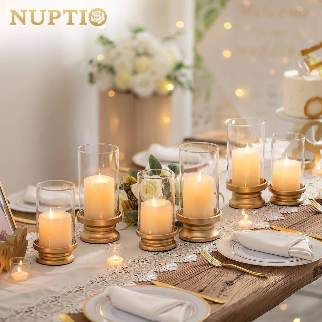 NUPTIO Hurricane Candle Holder Gold: Set of 2 Pillar Candle Holders with Clear Glass Sleeve - Decorative Brass Metal Pillars Stands for Christmas New Year Valentine's Day Fireplace Table Centerpiece