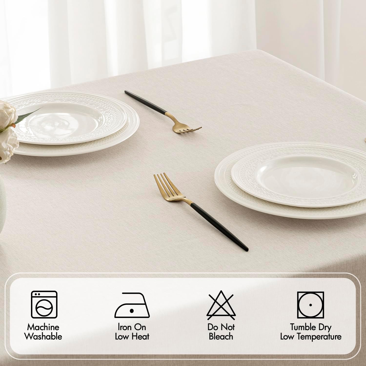 MIULEE Beige Rectangle Linen Polyester Tablecloth with Decorative Cutouts Spring Waterproof Stain Resistant & Shrink-Proof Table Cloth 60x120 inch Farmhouse Style for Dining Wedding and Outdoor