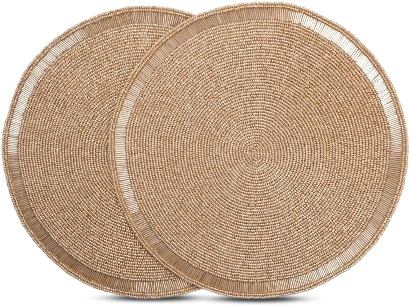 Handmade Beaded Placemat Charger, 13 Inch Round, Set of 2, Beautiful Decorative Dining Table Placemat for Your Dinner Table Décor, Easter, Wedding, Thanksgiving & Everyday Use - Green Orange Multi