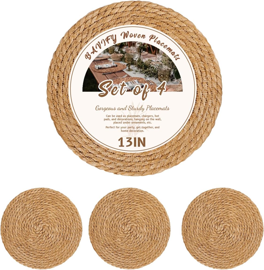 13 in Round Woven Placemats Plate Chargers Set of 10, Boho Farmhouse Rustic Woven Place Mats for Dining Table Decor, Rattan Wicker Table Mats Jute Braided Chargers for Dinner Plates
