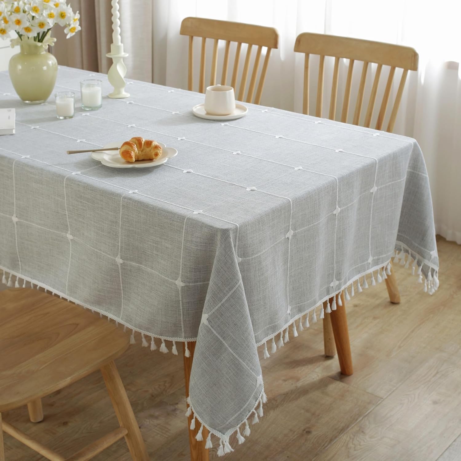 JIALE Tablecloths for Rectangle Tables, Cotton Linen Table Cloth Waterproof Tablecloth Wrinkle Free Farmhouse Dining Tables Cover, Soft Fabric Table Cloths with Tassels, Brown, 55" X 70", 4-6 Seats
