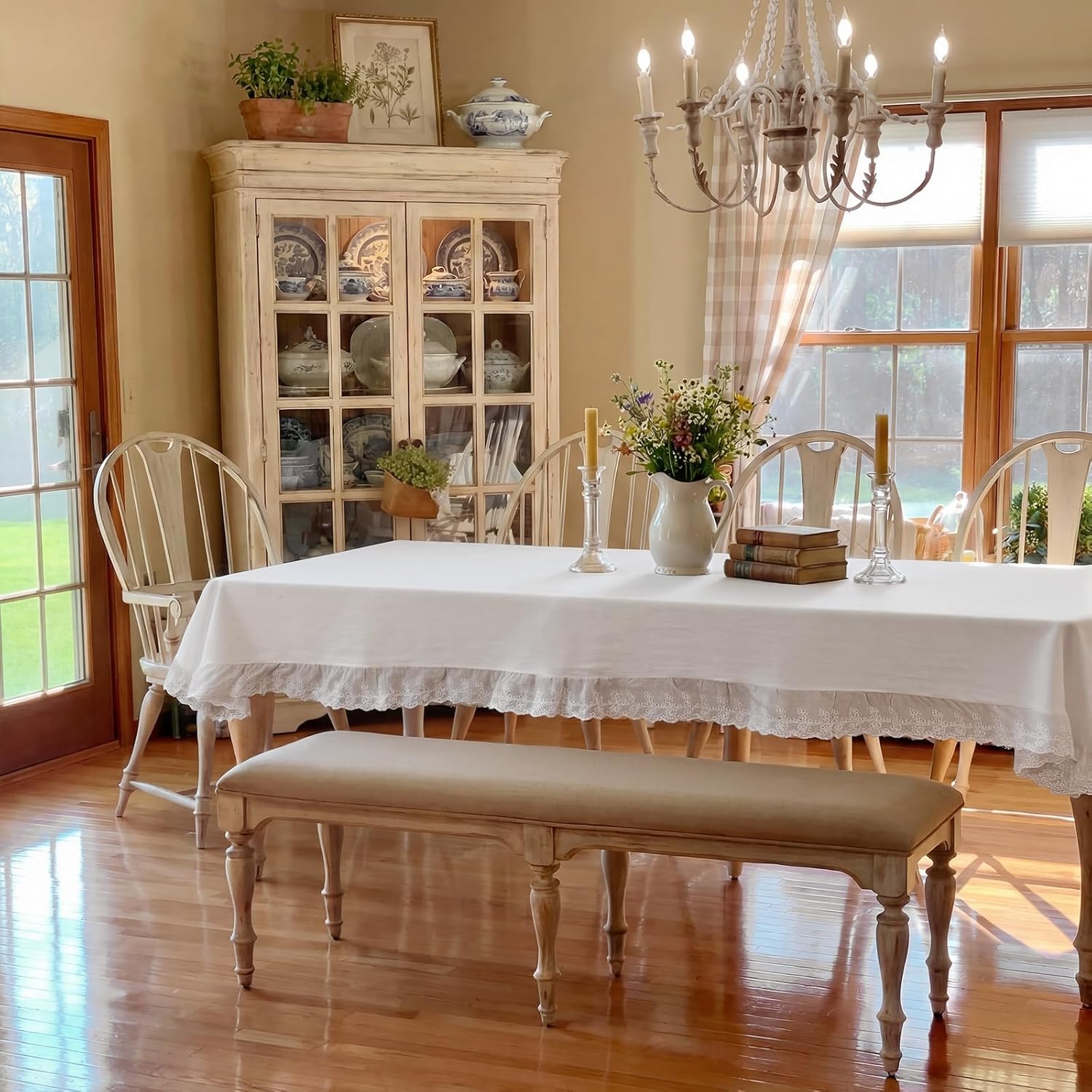 LemonRoad 60" x 120" Vintage White Ruffle Tablecloth Retro Farmhouse Ruffled Mesh Cotton Tablecloth Rustic Embroidered Washable Table Cover for Rectangle Table Kitchen Holiday Party Wedding Decor