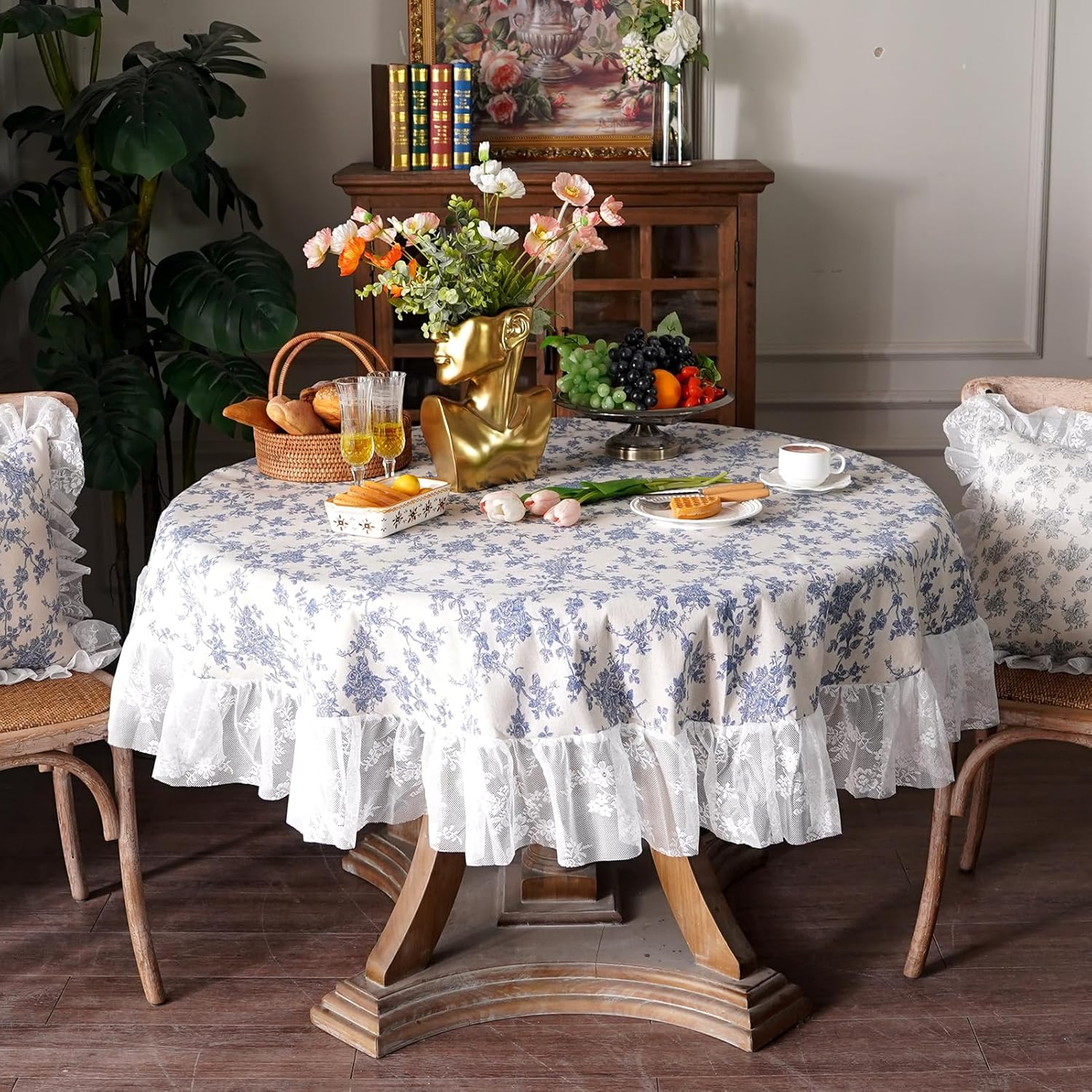 Cotton Linen Tablecloth Vintage Blue Floral Farmhouse White Lace Washable Table Cloths French Country Decor for Home Holiday Party Picnic (Blue, 60 Inches Round)