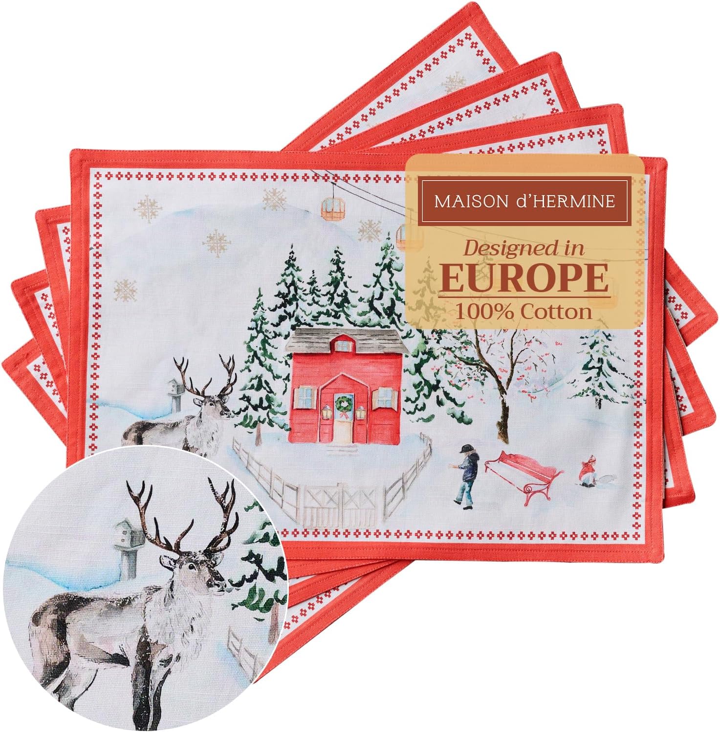 Maison d' Hermine Placemats Set of 4 100% Cotton Washable Cloth Place Mats Reusable Table Mats for Kitchen Dining Party Wedding Valentines Day Decorations Spring/Summer (Marquise, 13" x 19")