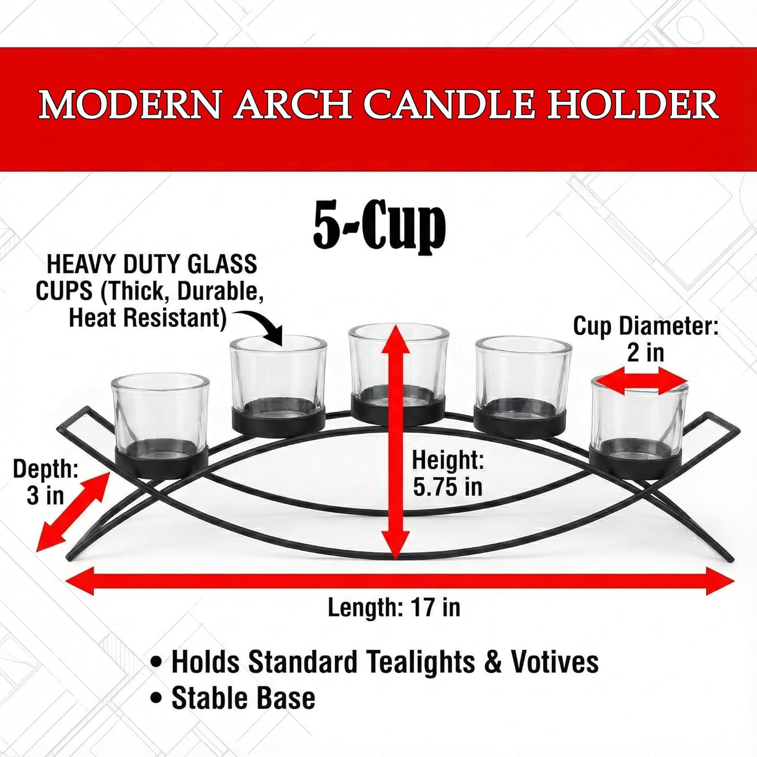 Seraphic Iron Arch Table Centerpiece Decorations Tealight Votive Candle Holder for Weddings, Patio, Kitchen, Dining Room, and Coffee Tables, Black, Clear Chunky 5 Cups
