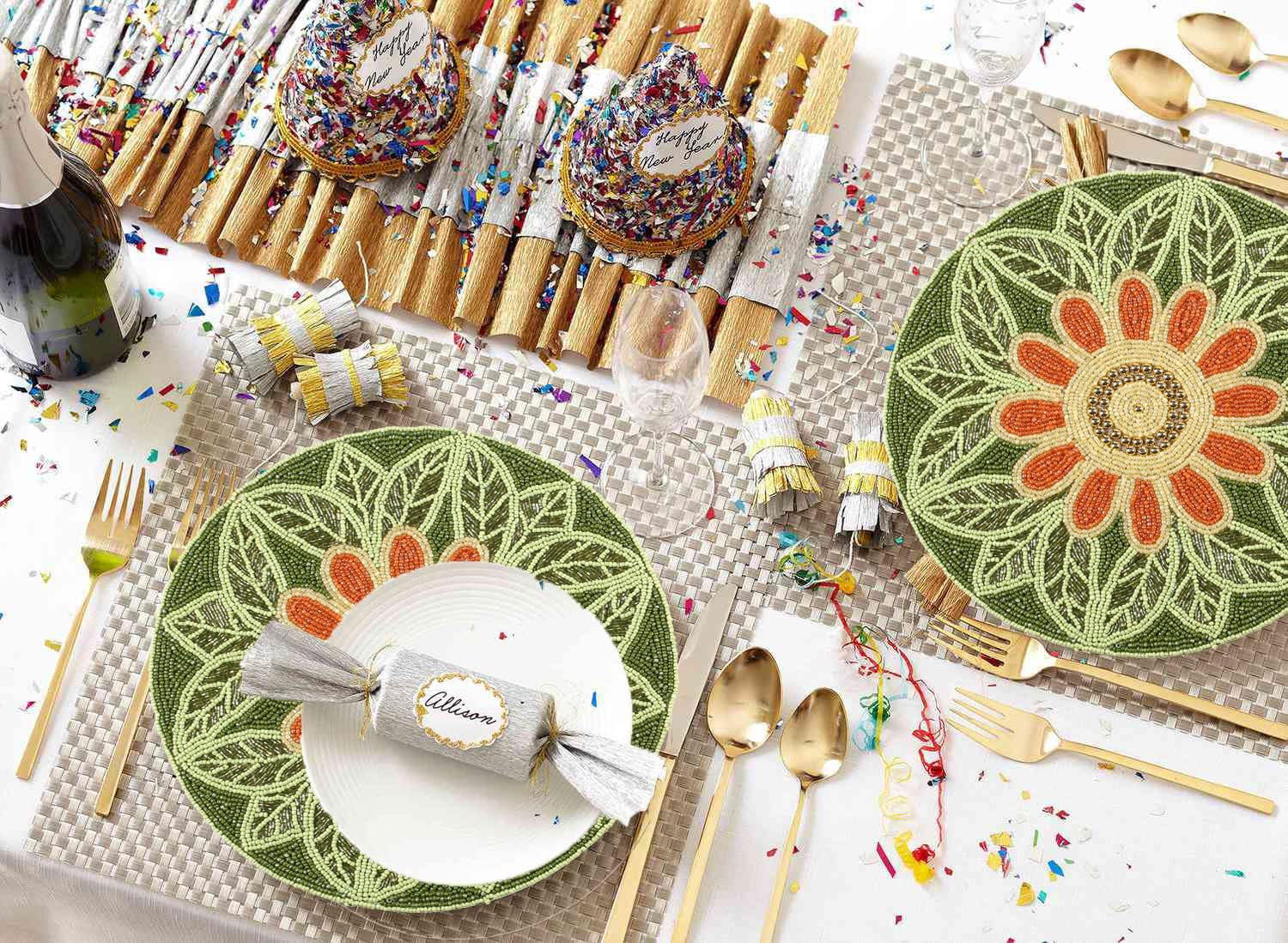 Handmade Beaded Placemat Charger, 13 Inch Round, Set of 2, Beautiful Decorative Dining Table Placemat for Your Dinner Table Décor, Easter, Wedding, Thanksgiving & Everyday Use - Green Orange Multi