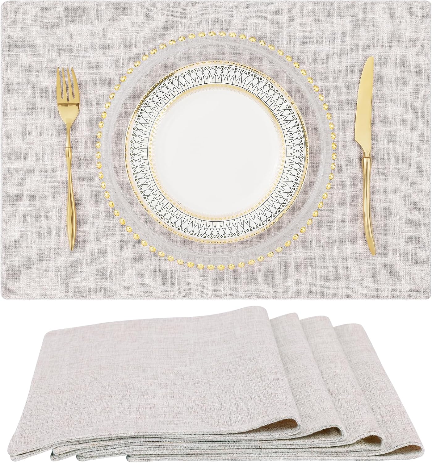 homing Cotton Linen Placemats Set of 6, Cloth Washable Farmhouse Dining Table Mats for Indoors & Outdoors, Easy to Clean, Neutral Beige, 13 x 19 Inch