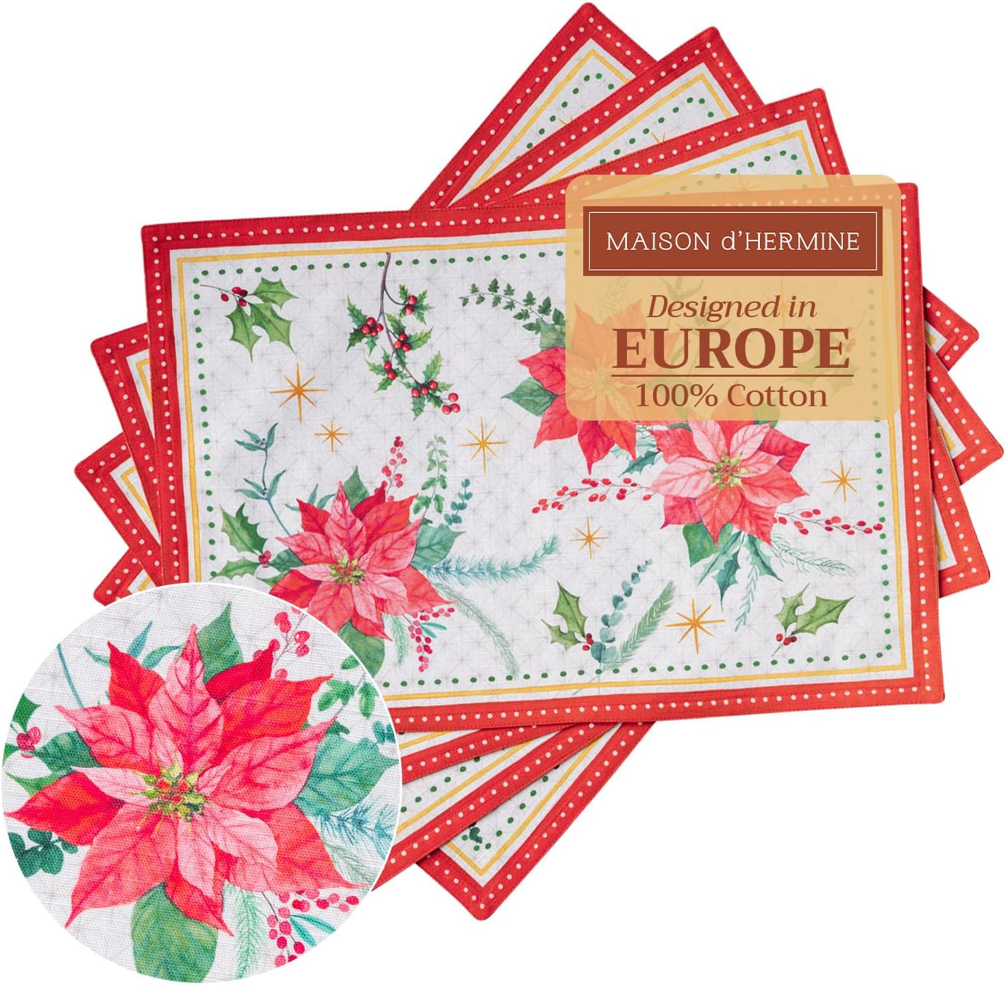 Maison d' Hermine Placemats Set of 4 100% Cotton Washable Cloth Place Mats Reusable Table Mats for Kitchen Dining Party Wedding Valentines Day Decorations Spring/Summer (Marquise, 13" x 19")