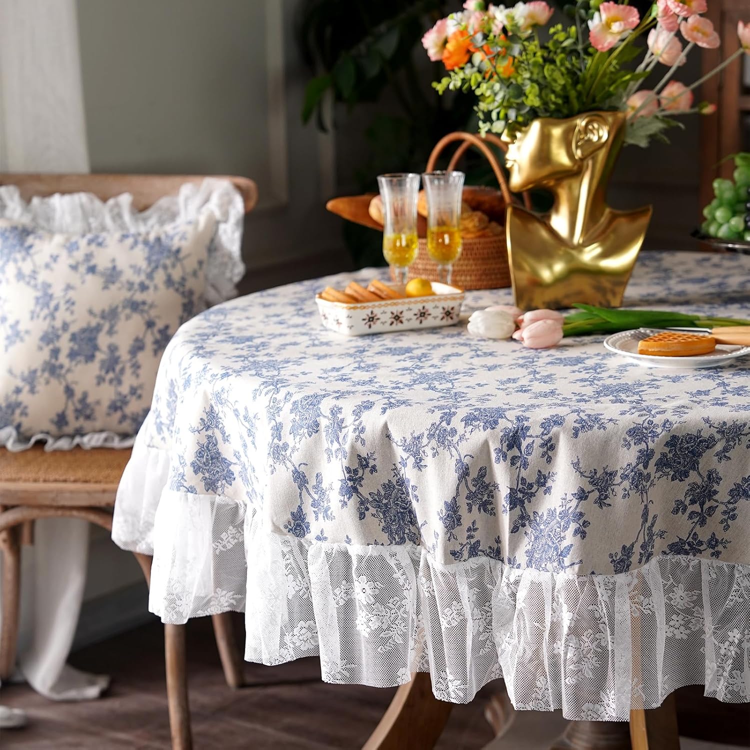 Cotton Linen Tablecloth Vintage Blue Floral Farmhouse White Lace Washable Table Cloths French Country Decor for Home Holiday Party Picnic (Blue, 60 Inches Round)