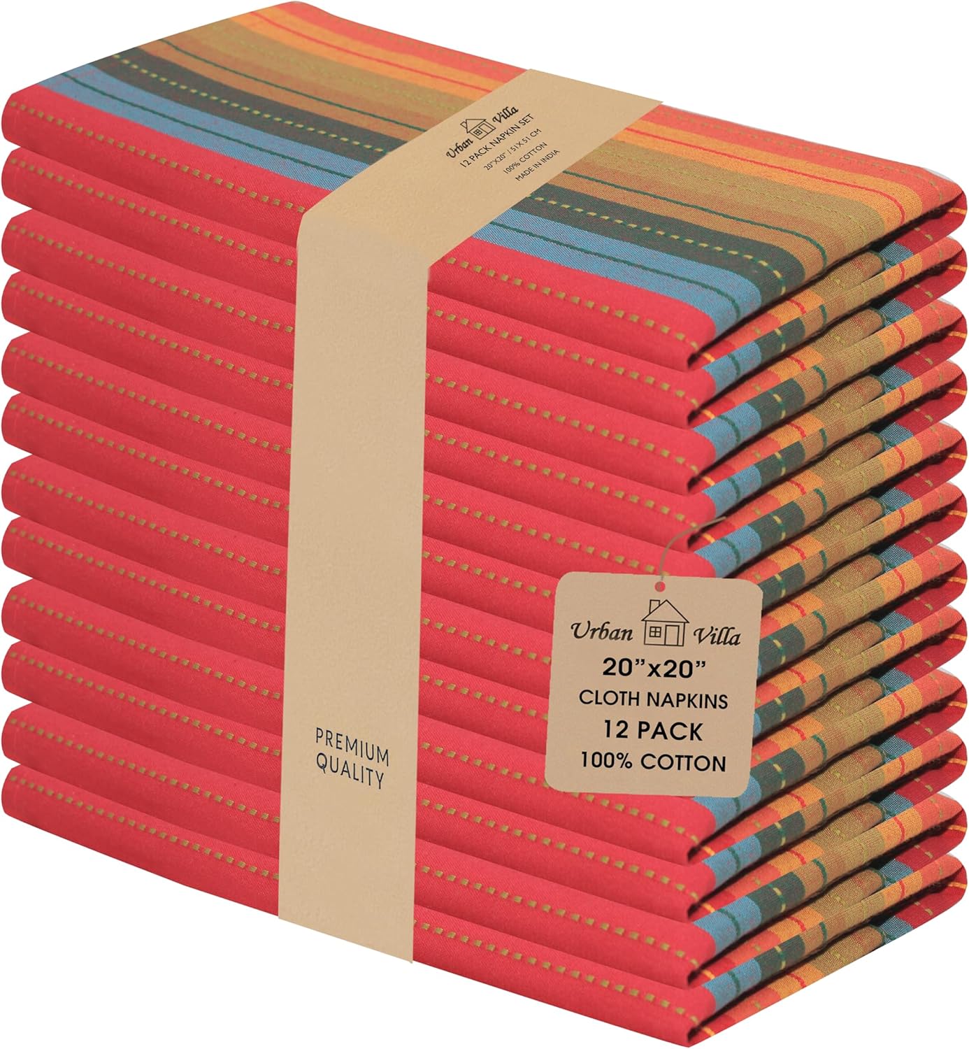 Urban Villa Cloth Napkins Cuisine Stripes 100% Cotton Absorbent Dinner Napkins Set of 12 20x20 Inches Red Multi Color Soft Durable Washable and Reusable Ideal for Everyday Use Wedding Parties Napkins