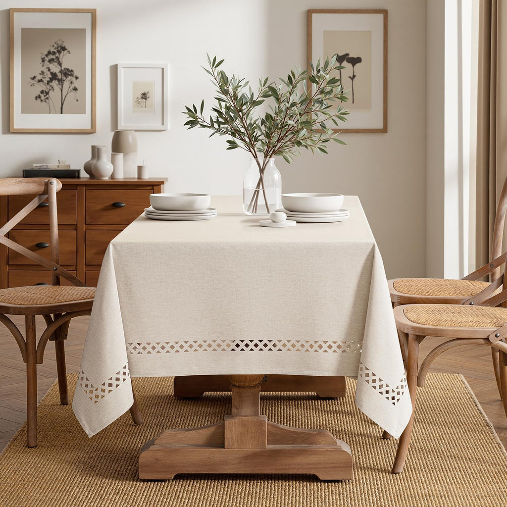 MIULEE Beige Rectangle Linen Polyester Tablecloth with Decorative Cutouts Spring Waterproof Stain Resistant & Shrink-Proof Table Cloth 60x120 inch Farmhouse Style for Dining Wedding and Outdoor