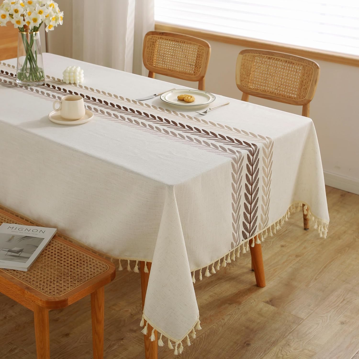 JIALE Tablecloths for Rectangle Tables, Cotton Linen Table Cloth Waterproof Tablecloth Wrinkle Free Farmhouse Dining Tables Cover, Soft Fabric Table Cloths with Tassels, Brown, 55" X 70", 4-6 Seats