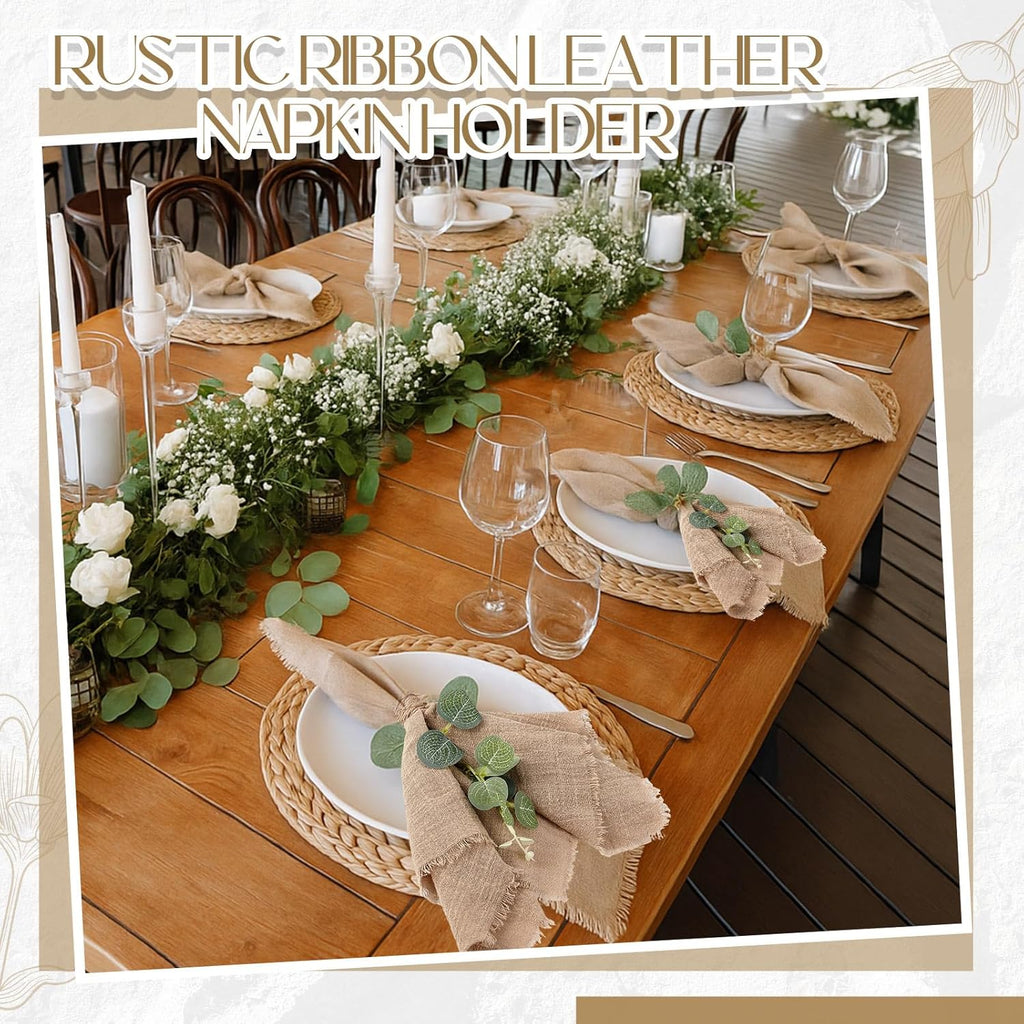 Newwiee 36 Set Boho Rustic Linen Napkins with Fringe 17 x 17 Inch Cotton Cloth Napkins Bulk with Artificial Eucalyptus Stems and Rope for Spring Bridal Wedding Birthday Decor (Brown)