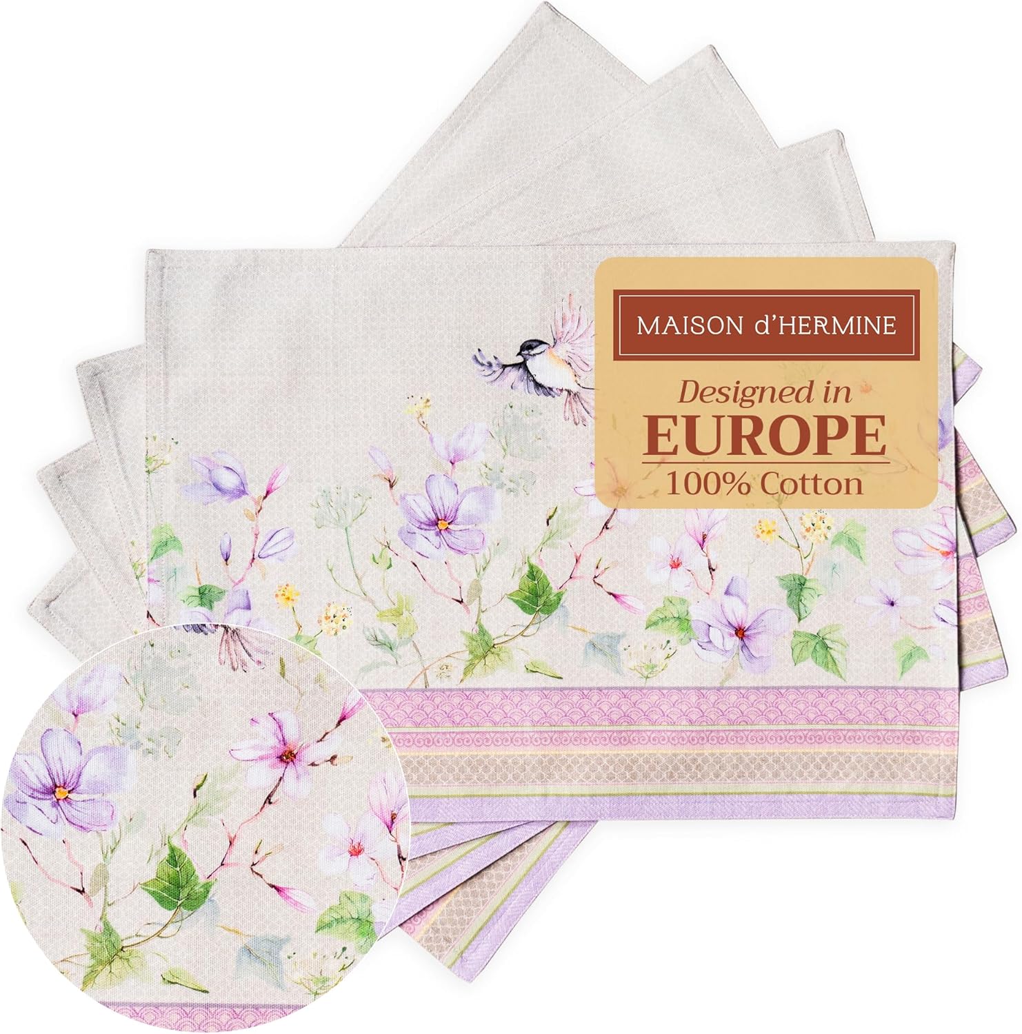 Maison d' Hermine Placemats Set of 4 100% Cotton Washable Cloth Place Mats Reusable Table Mats for Kitchen Dining Party Wedding Valentines Day Decorations Spring/Summer (Marquise, 13" x 19")