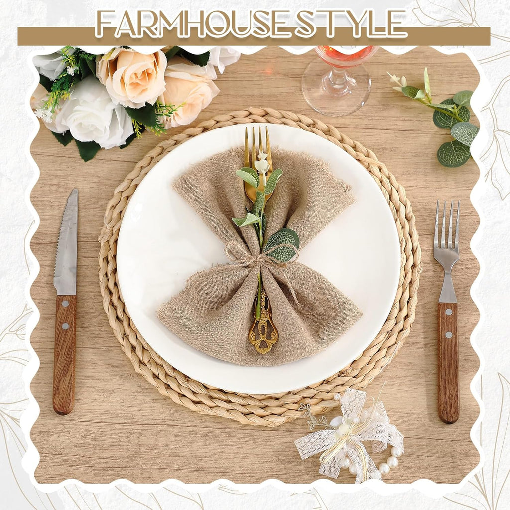 Newwiee 36 Set Boho Rustic Linen Napkins with Fringe 17 x 17 Inch Cotton Cloth Napkins Bulk with Artificial Eucalyptus Stems and Rope for Spring Bridal Wedding Birthday Decor (Brown)