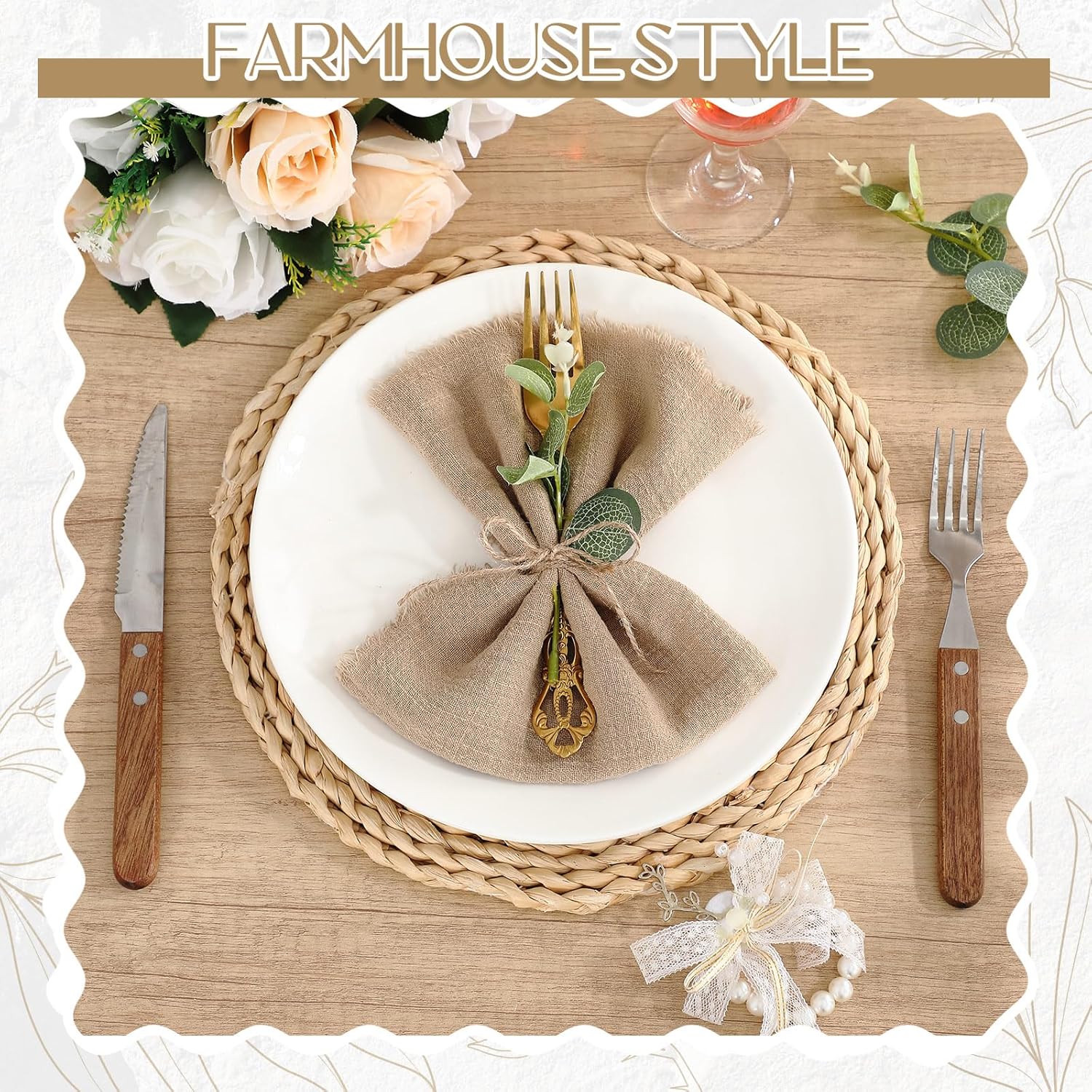 Newwiee 36 Set Boho Rustic Linen Napkins with Fringe 17 x 17 Inch Cotton Cloth Napkins Bulk with Artificial Eucalyptus Stems and Rope for Spring Bridal Wedding Birthday Decor (Brown)