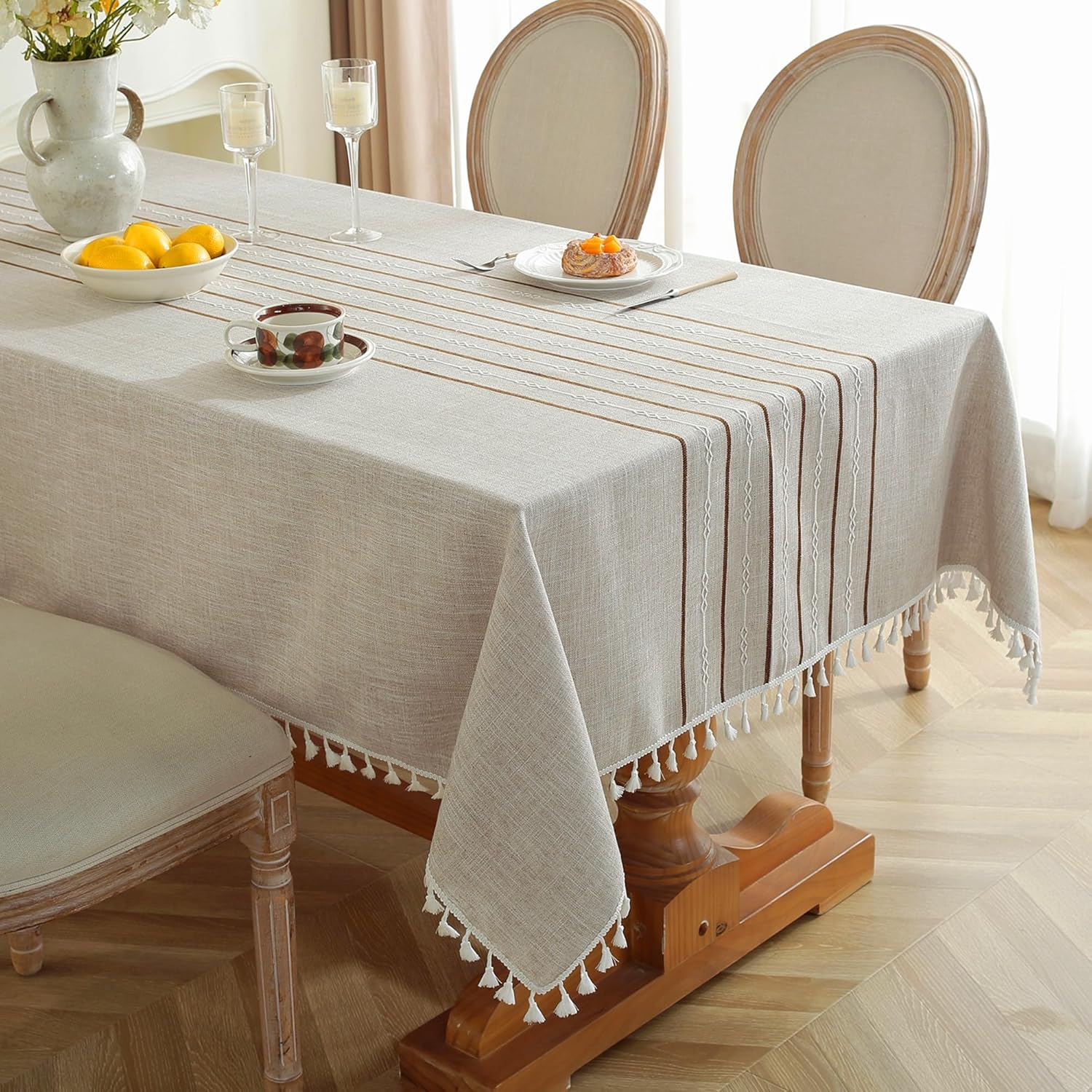 JIALE Tablecloths for Rectangle Tables, Cotton Linen Table Cloth Waterproof Tablecloth Wrinkle Free Farmhouse Dining Tables Cover, Soft Fabric Table Cloths with Tassels, Brown, 55" X 70", 4-6 Seats