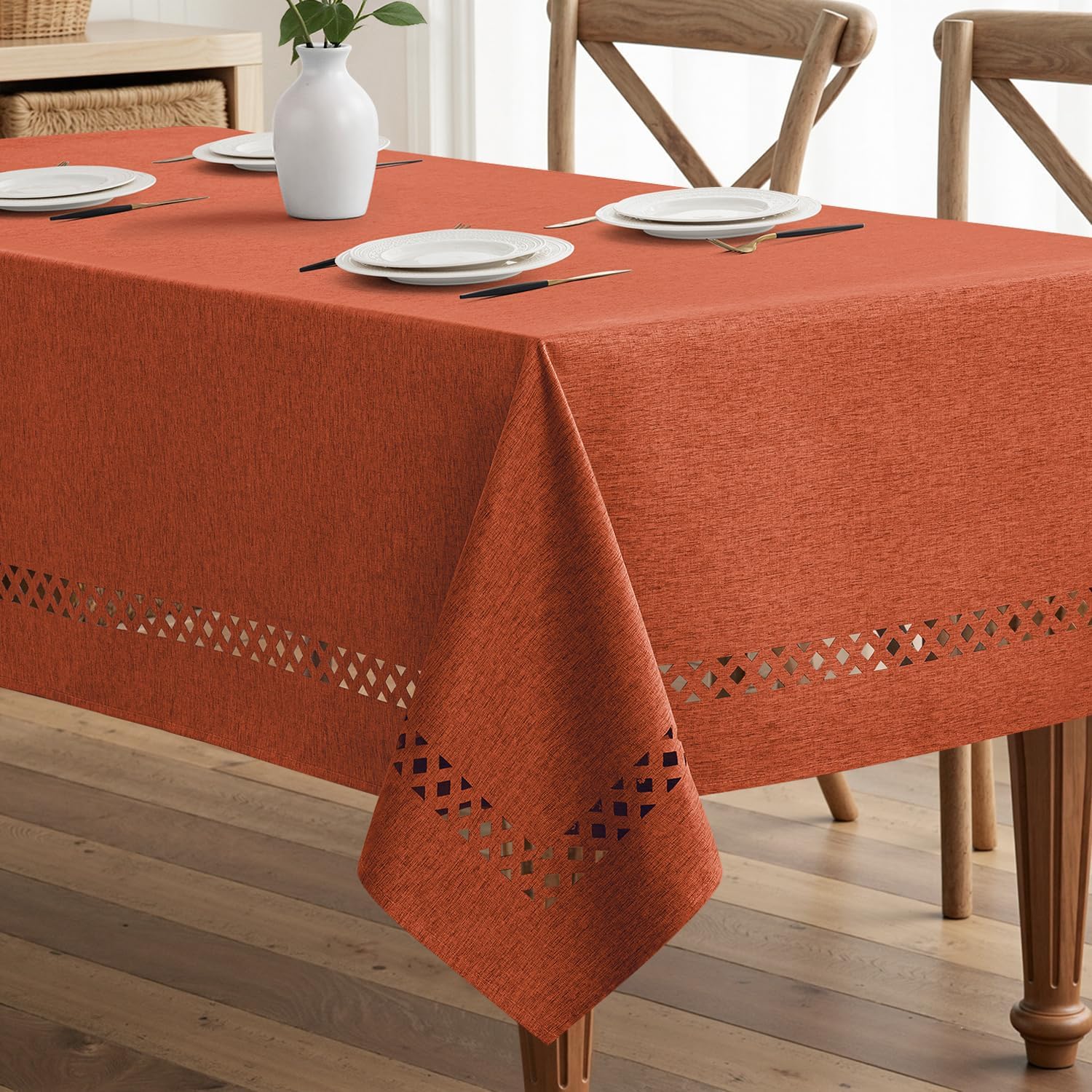 MIULEE Beige Rectangle Linen Polyester Tablecloth with Decorative Cutouts Spring Waterproof Stain Resistant & Shrink-Proof Table Cloth 60x120 inch Farmhouse Style for Dining Wedding and Outdoor