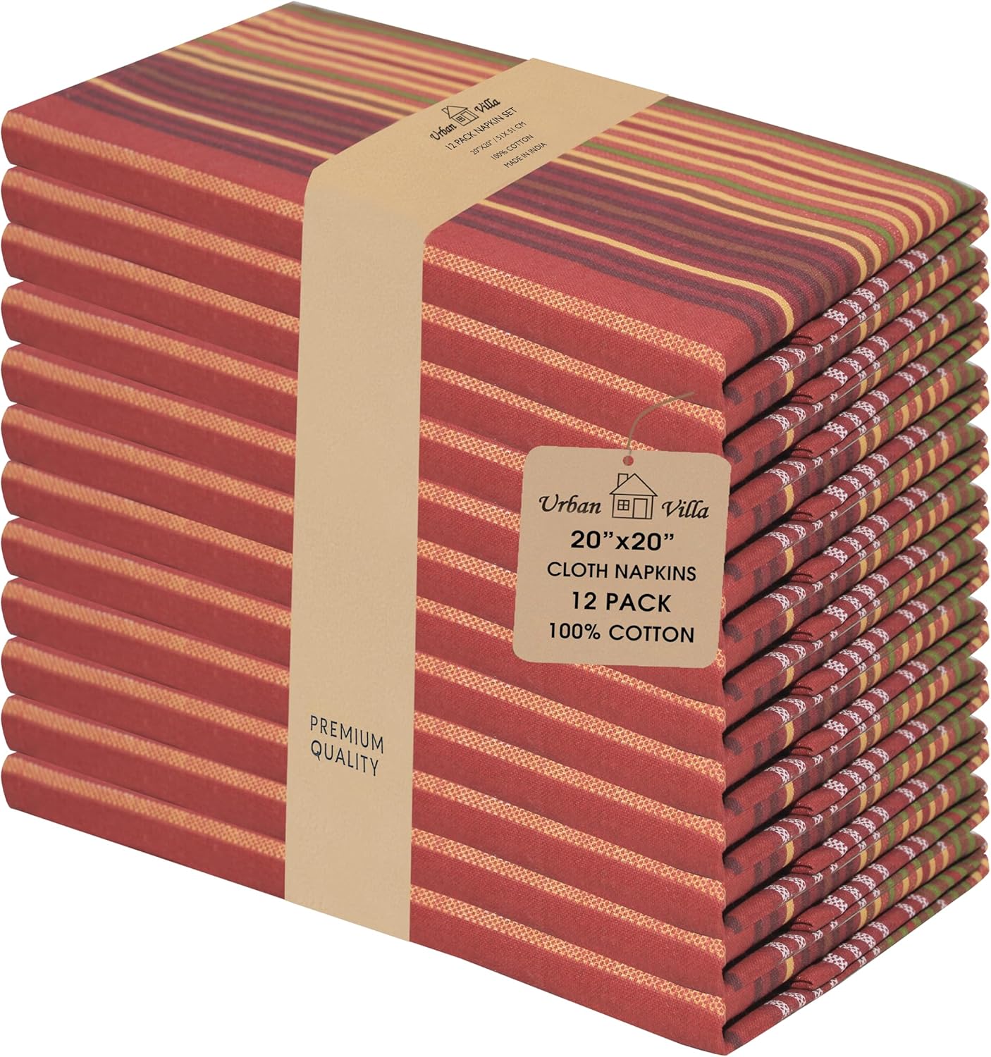 Urban Villa Cloth Napkins Cuisine Stripes 100% Cotton Absorbent Dinner Napkins Set of 12 20x20 Inches Red Multi Color Soft Durable Washable and Reusable Ideal for Everyday Use Wedding Parties Napkins