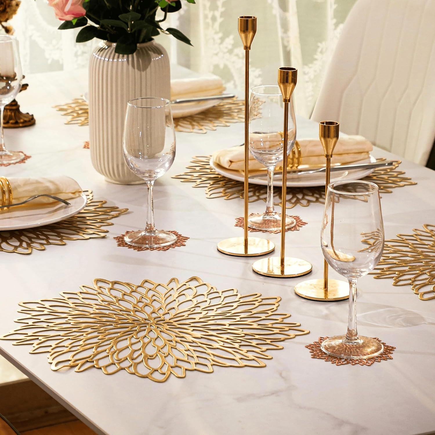 Snowkingdom Set of 12 Gold Metallic Placemats Laminated Vinyl Round Leaf Dinning Table Place Mats Bulk Decorative Halloween Thanksgiving Christmas Party Wedding Holiday Festival