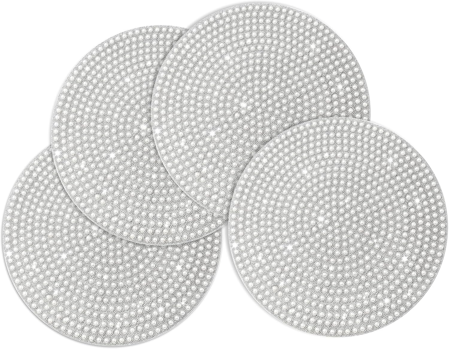 Pearl Round Placemat, 15-inch Anti-Slip Tablescapes Decorations Sparkling Bling Rhinestones Silver Placemat for Nightstand Tablecloths Centerpiece Standing T-Lights Candles Vases Mat