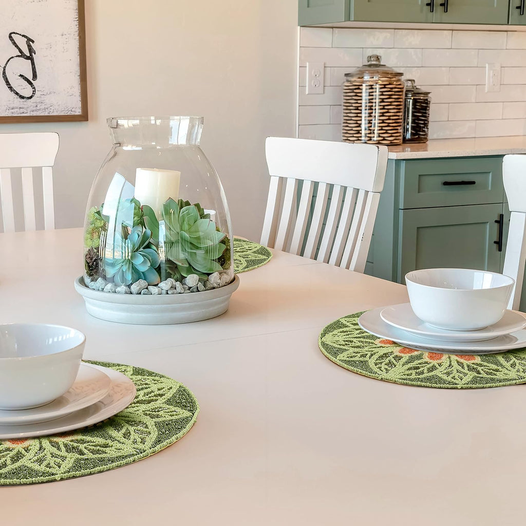 Handmade Beaded Placemat Charger, 13 Inch Round, Set of 2, Beautiful Decorative Dining Table Placemat for Your Dinner Table Décor, Easter, Wedding, Thanksgiving & Everyday Use - Green Orange Multi