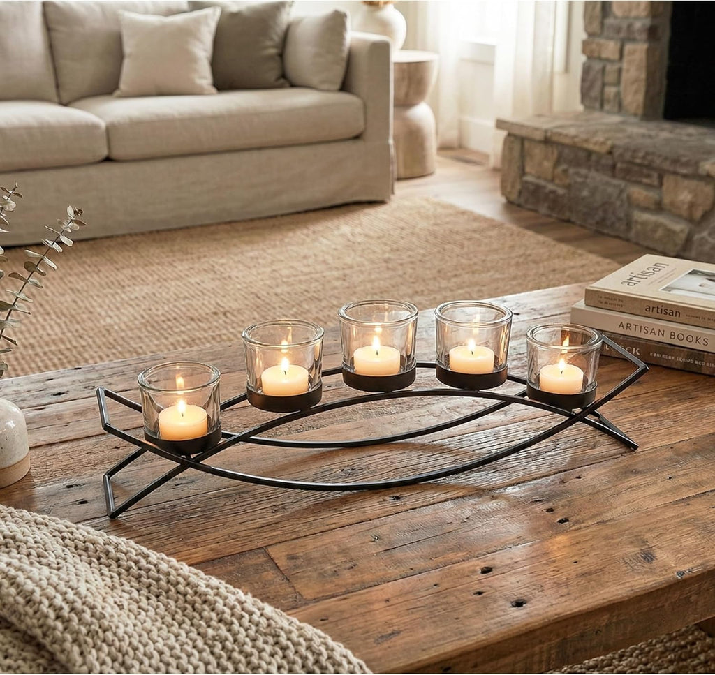 Seraphic Iron Arch Table Centerpiece Decorations Tealight Votive Candle Holder for Weddings, Patio, Kitchen, Dining Room, and Coffee Tables, Black, Clear Chunky 5 Cups