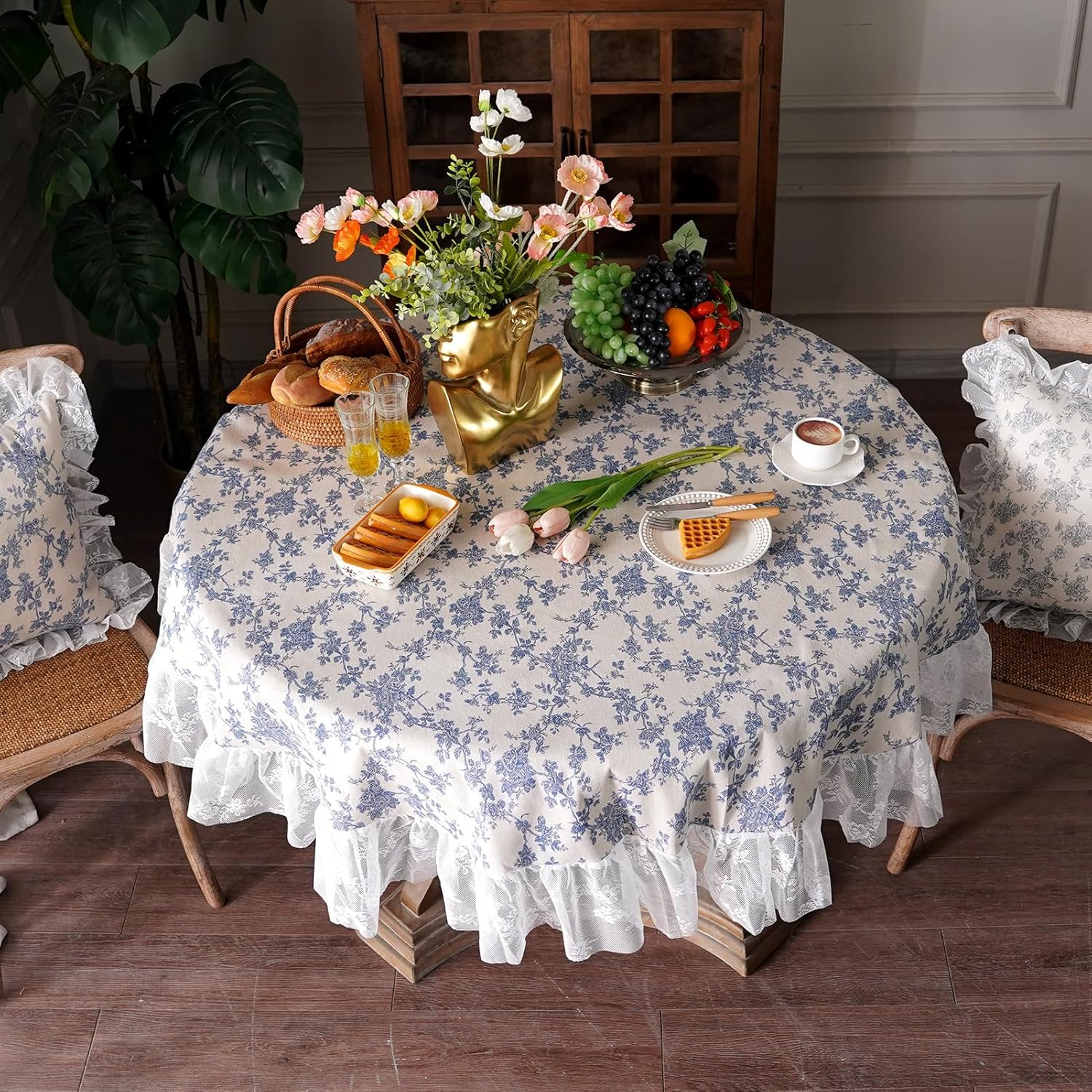 Cotton Linen Tablecloth Vintage Blue Floral Farmhouse White Lace Washable Table Cloths French Country Decor for Home Holiday Party Picnic (Blue, 60 Inches Round)