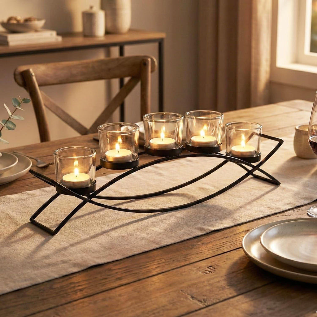 Seraphic Iron Arch Table Centerpiece Decorations Tealight Votive Candle Holder for Weddings, Patio, Kitchen, Dining Room, and Coffee Tables, Black, Clear Chunky 5 Cups