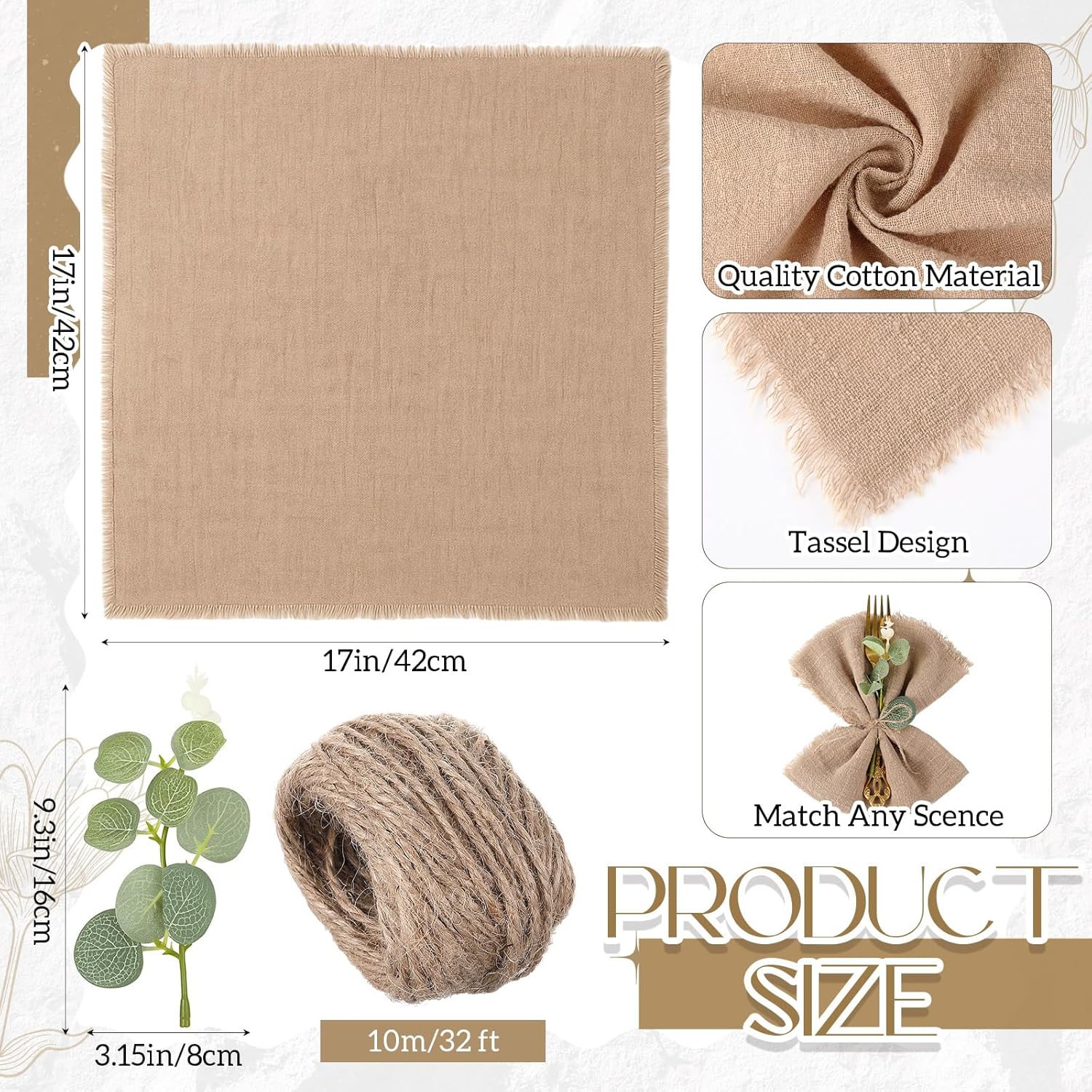 Newwiee 36 Set Boho Rustic Linen Napkins with Fringe 17 x 17 Inch Cotton Cloth Napkins Bulk with Artificial Eucalyptus Stems and Rope for Spring Bridal Wedding Birthday Decor (Brown)