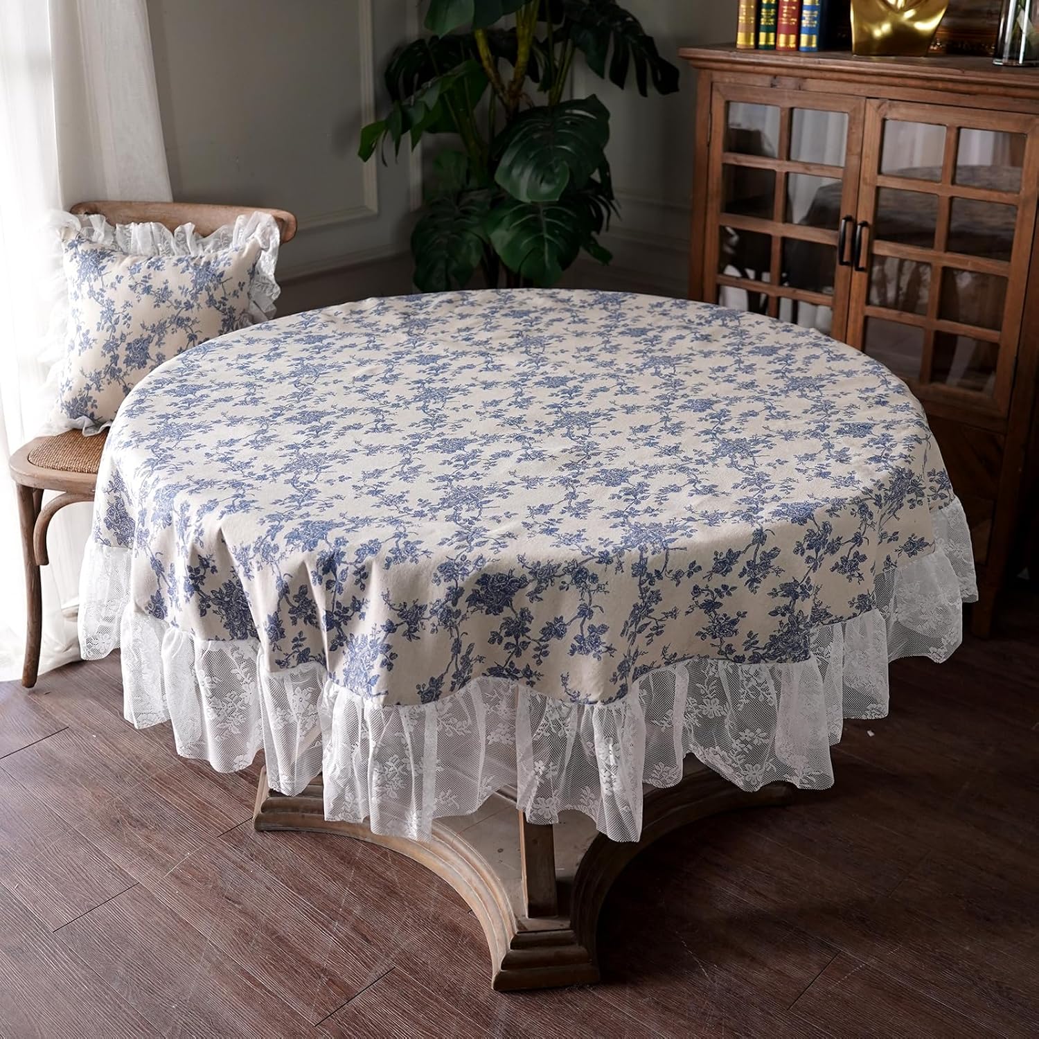 Cotton Linen Tablecloth Vintage Blue Floral Farmhouse White Lace Washable Table Cloths French Country Decor for Home Holiday Party Picnic (Blue, 60 Inches Round)