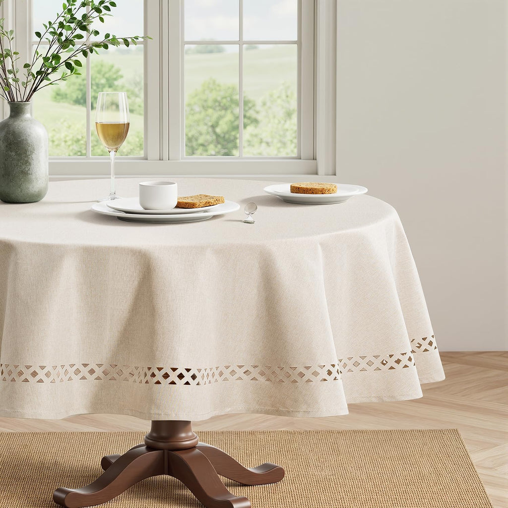 MIULEE Beige Rectangle Linen Polyester Tablecloth with Decorative Cutouts Spring Waterproof Stain Resistant & Shrink-Proof Table Cloth 60x120 inch Farmhouse Style for Dining Wedding and Outdoor
