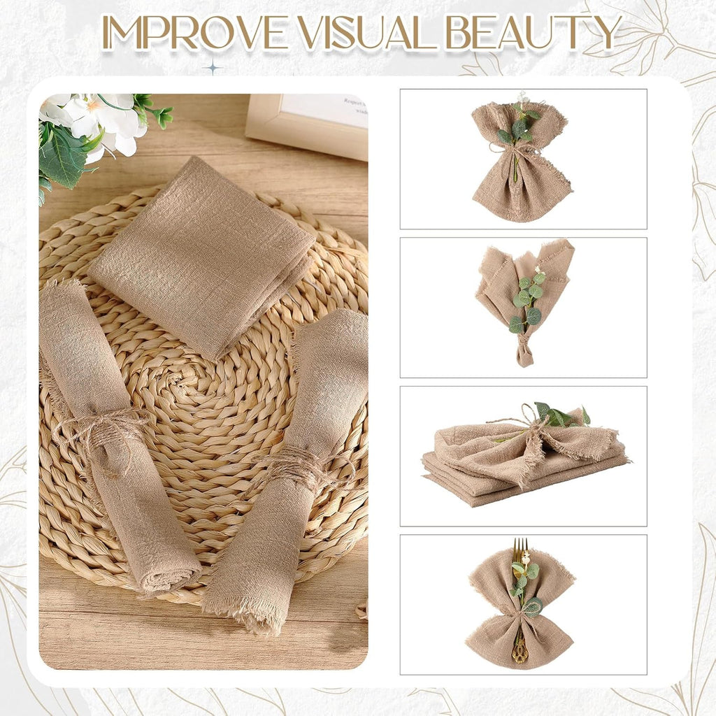 Newwiee 36 Set Boho Rustic Linen Napkins with Fringe 17 x 17 Inch Cotton Cloth Napkins Bulk with Artificial Eucalyptus Stems and Rope for Spring Bridal Wedding Birthday Decor (Brown)