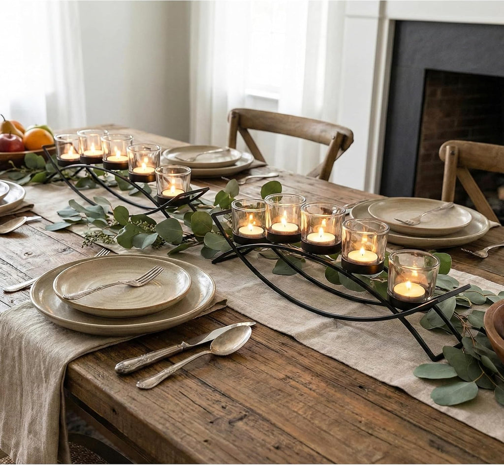 Seraphic Iron Arch Table Centerpiece Decorations Tealight Votive Candle Holder for Weddings, Patio, Kitchen, Dining Room, and Coffee Tables, Black, Clear Chunky 5 Cups