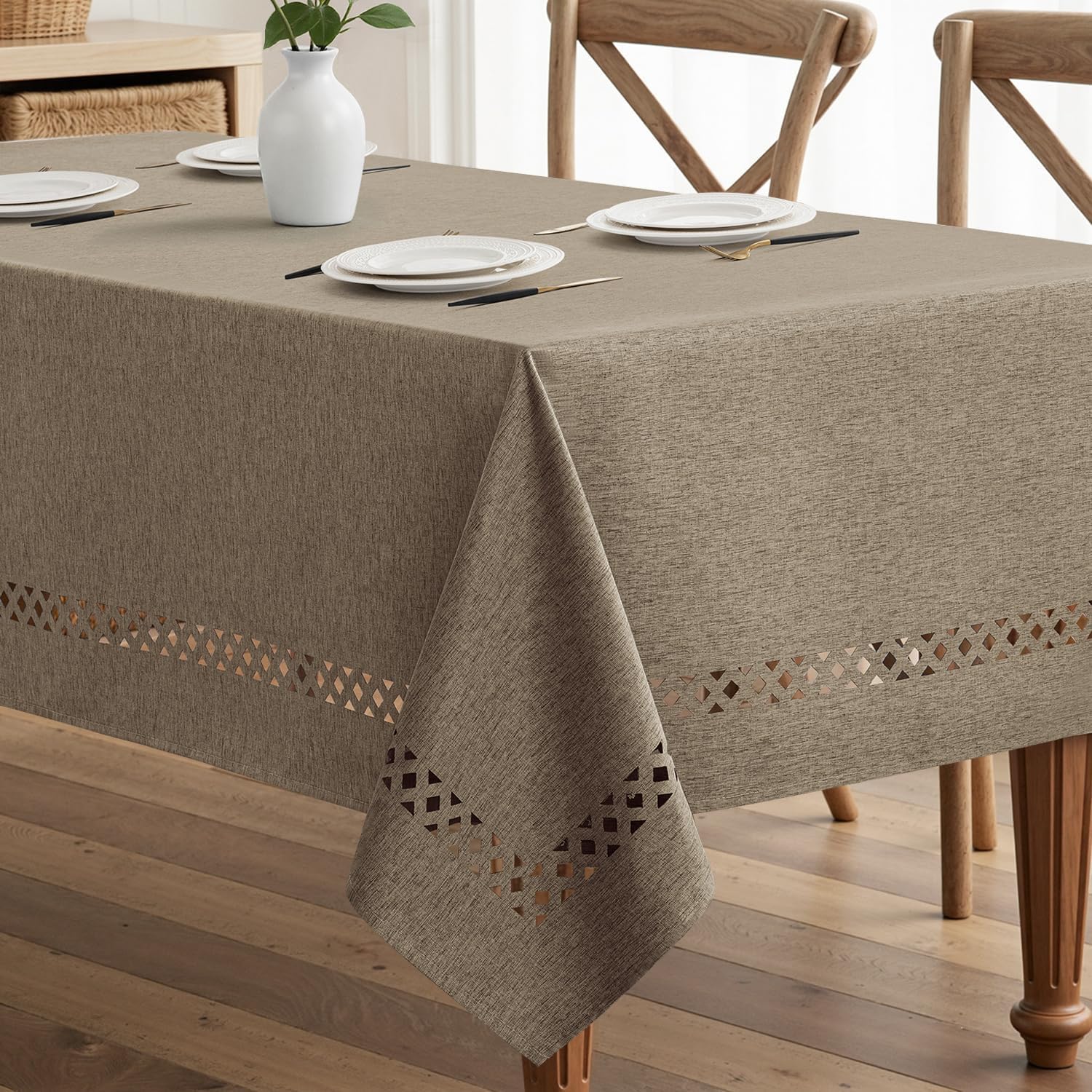 MIULEE Beige Rectangle Linen Polyester Tablecloth with Decorative Cutouts Spring Waterproof Stain Resistant & Shrink-Proof Table Cloth 60x120 inch Farmhouse Style for Dining Wedding and Outdoor