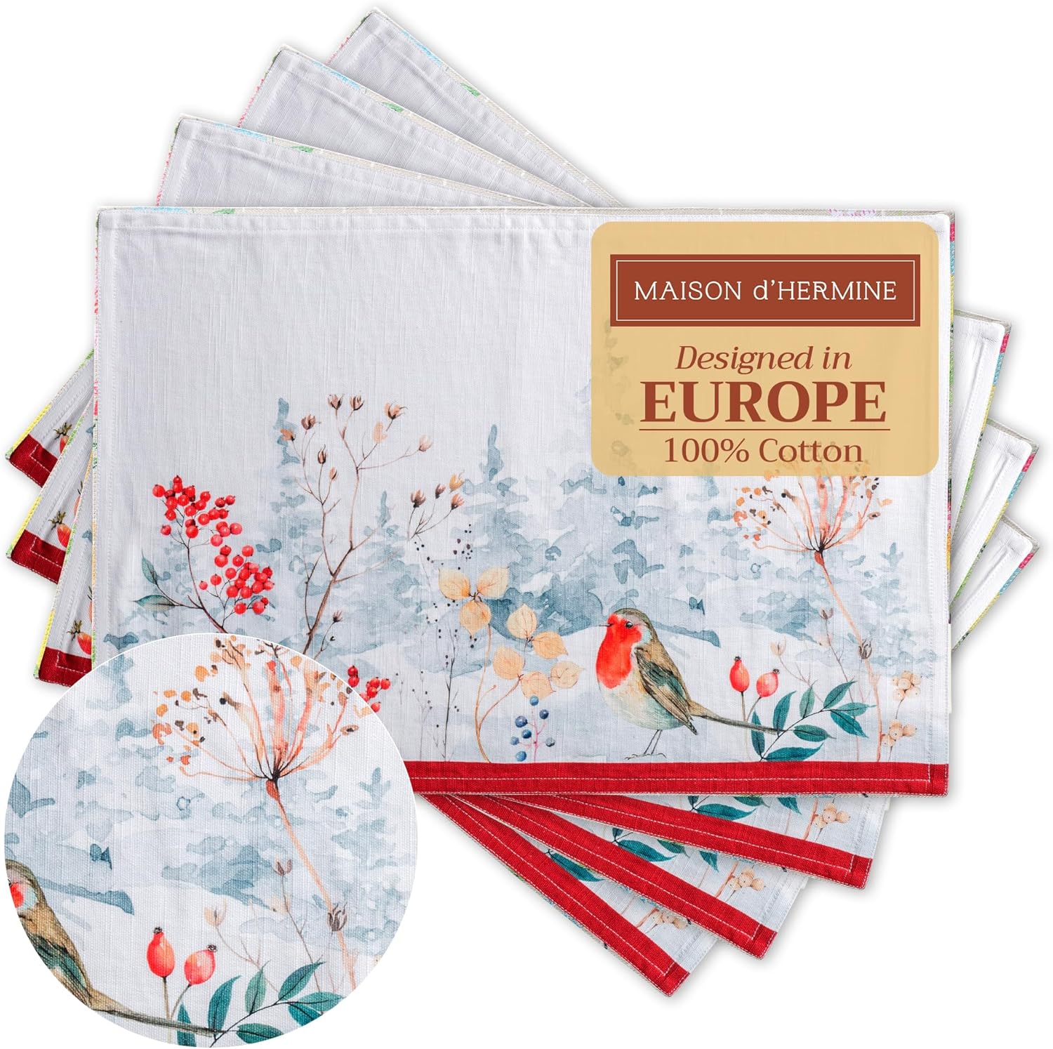 Maison d' Hermine Placemats Set of 4 100% Cotton Washable Cloth Place Mats Reusable Table Mats for Kitchen Dining Party Wedding Valentines Day Decorations Spring/Summer (Marquise, 13" x 19")