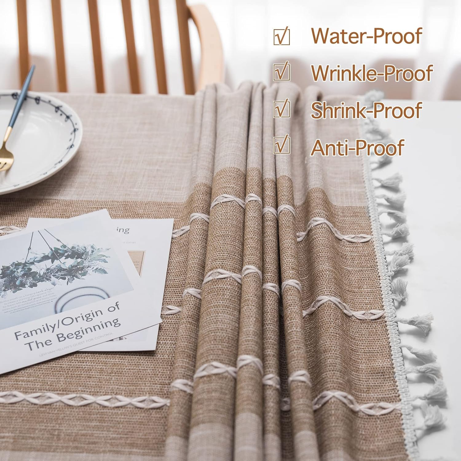 JIALE Tablecloths for Rectangle Tables, Cotton Linen Table Cloth Waterproof Tablecloth Wrinkle Free Farmhouse Dining Tables Cover, Soft Fabric Table Cloths with Tassels, Brown, 55" X 70", 4-6 Seats