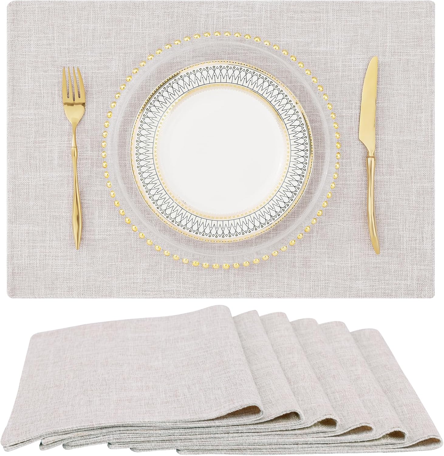 homing Cotton Linen Placemats Set of 6, Cloth Washable Farmhouse Dining Table Mats for Indoors & Outdoors, Easy to Clean, Neutral Beige, 13 x 19 Inch