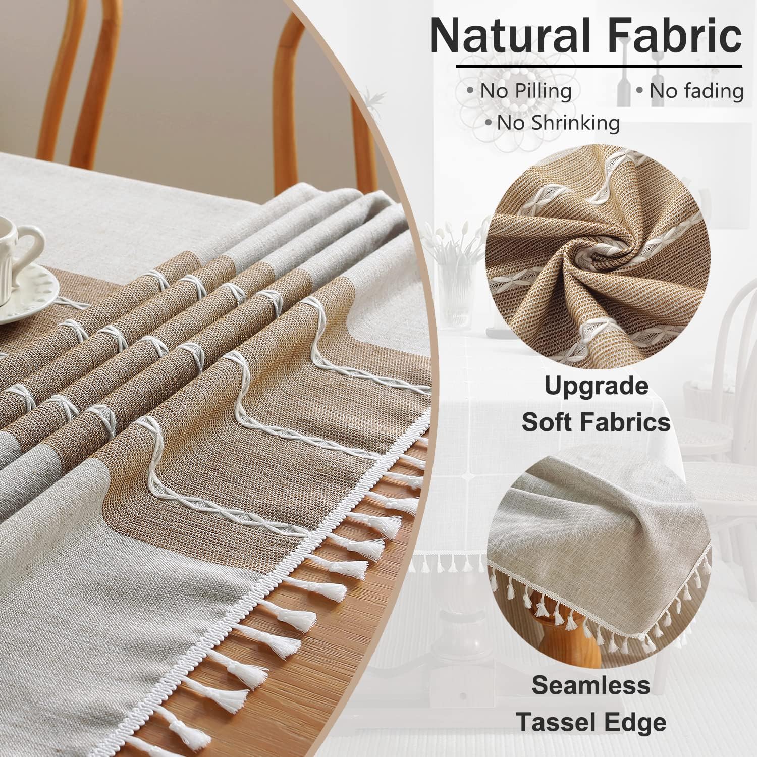 JIALE Tablecloths for Rectangle Tables, Cotton Linen Table Cloth Waterproof Tablecloth Wrinkle Free Farmhouse Dining Tables Cover, Soft Fabric Table Cloths with Tassels, Brown, 55" X 70", 4-6 Seats