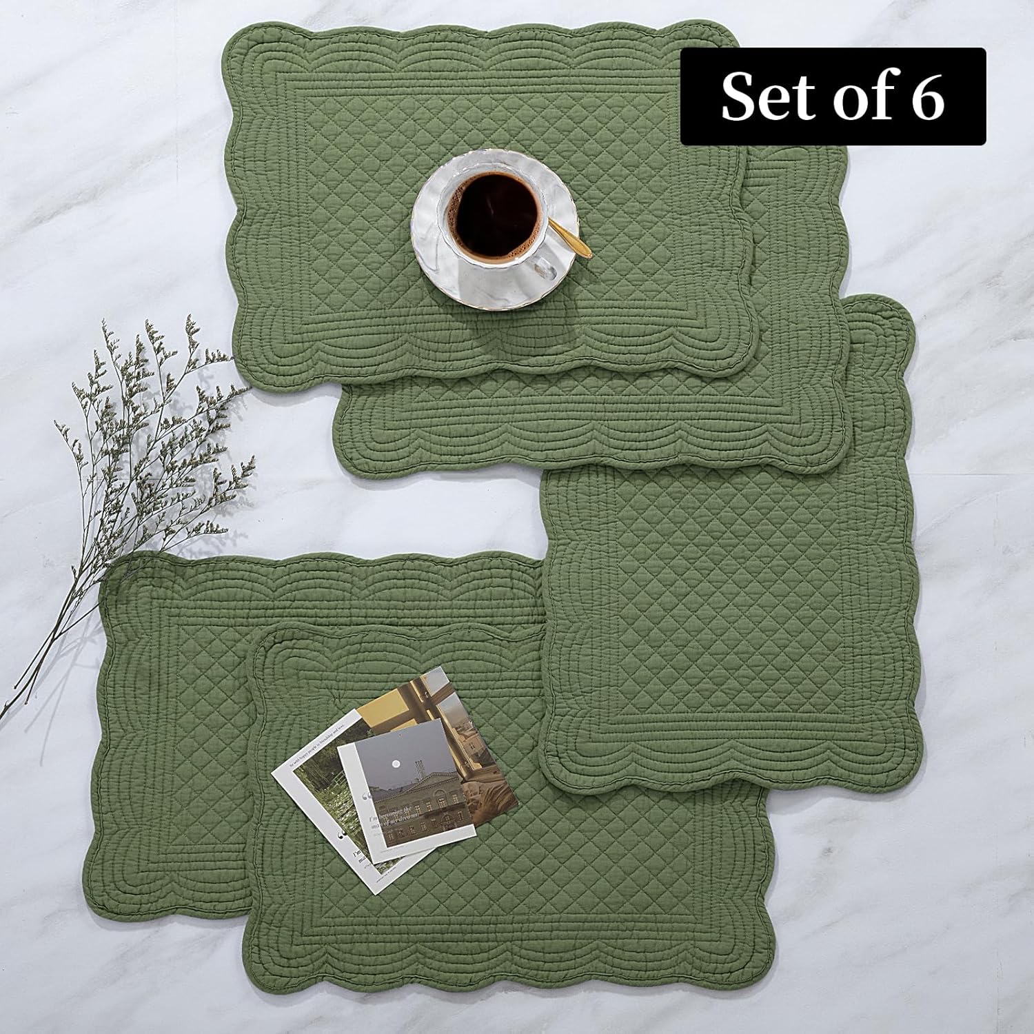 HOMBYS Quilted Placemats Set of 6 Washable-13x18 inches Rectangular Placemats for Kitchen Table-100% Cotton Fabric Rectangular Table Mats, (Emerald Green)