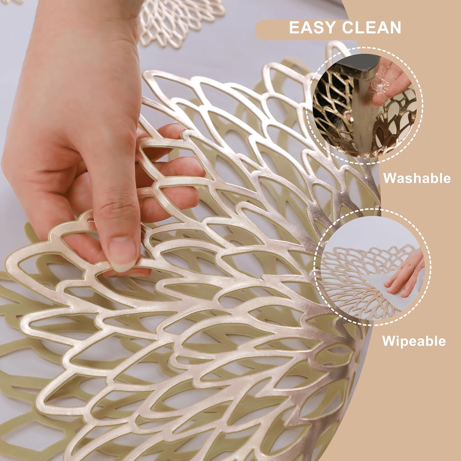 Snowkingdom Set of 12 Gold Metallic Placemats Laminated Vinyl Round Leaf Dinning Table Place Mats Bulk Decorative Halloween Thanksgiving Christmas Party Wedding Holiday Festival