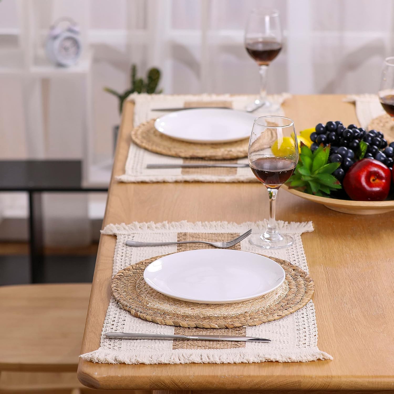 Handmade Boho Placemats Set of 4 - Natural Cotton Burlap and Water Straw Woven Combination Table Mats, Macrame Décor and Farmhouse Style Placemats, for Dining Table Kitchen