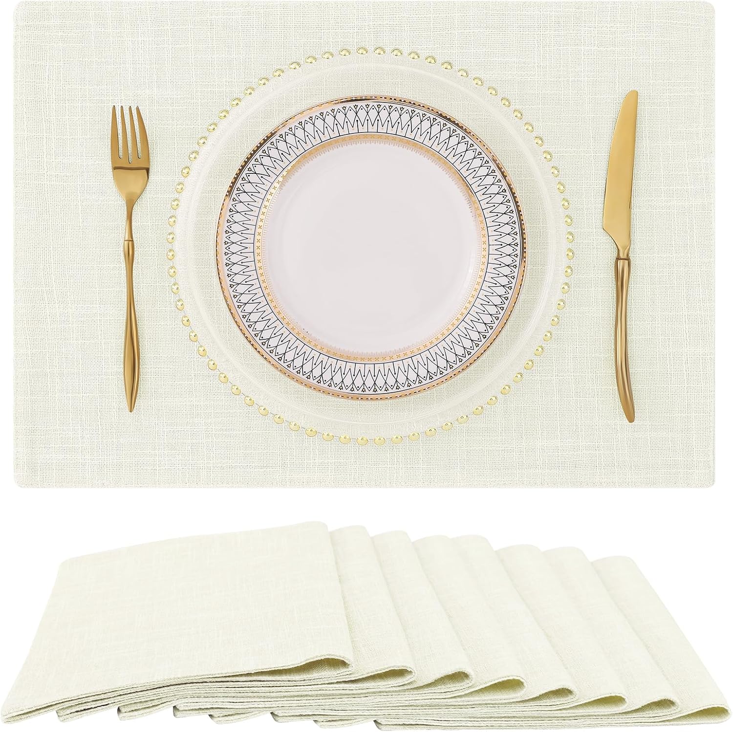 homing Cotton Linen Placemats Set of 6, Cloth Washable Farmhouse Dining Table Mats for Indoors & Outdoors, Easy to Clean, Neutral Beige, 13 x 19 Inch