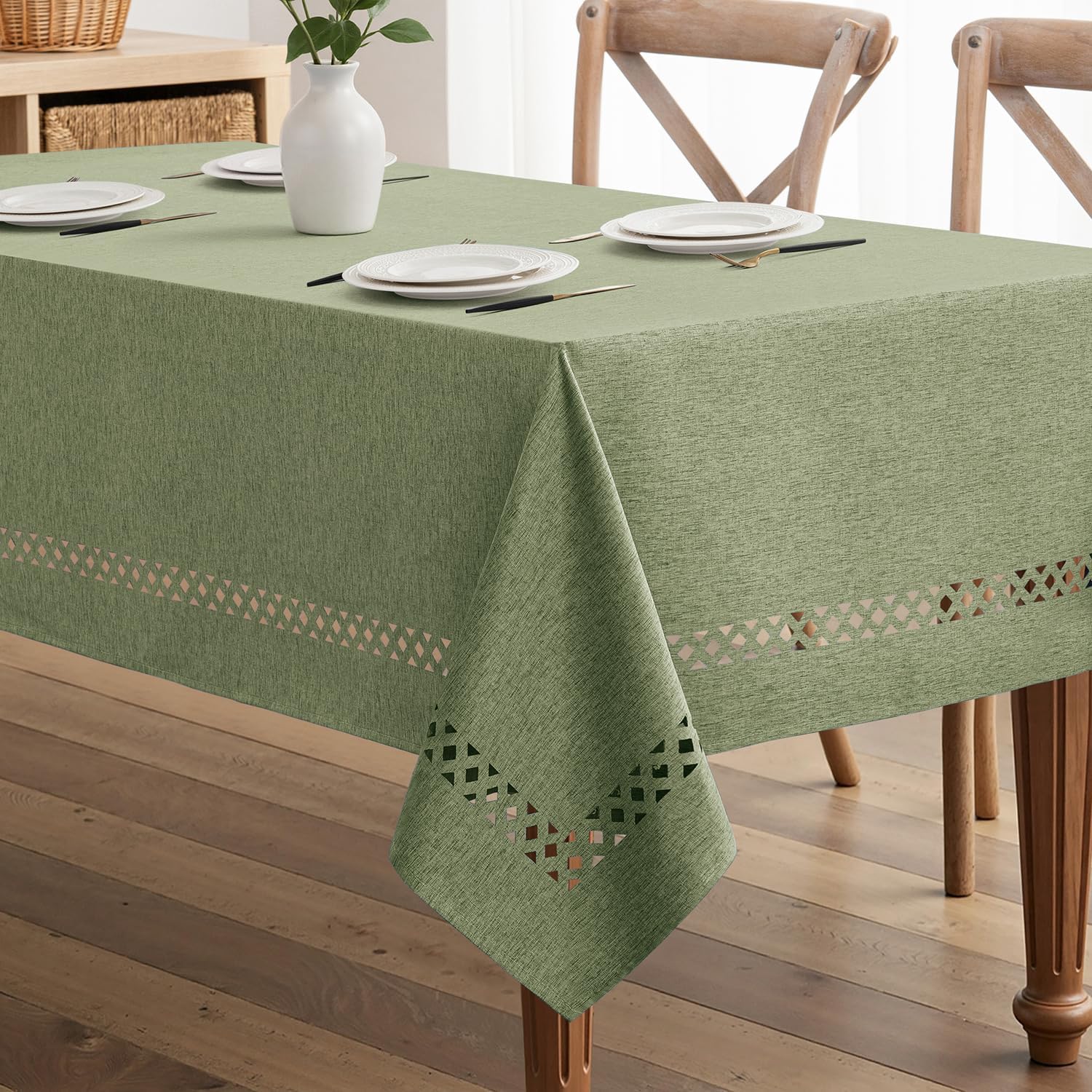 MIULEE Beige Rectangle Linen Polyester Tablecloth with Decorative Cutouts Spring Waterproof Stain Resistant & Shrink-Proof Table Cloth 60x120 inch Farmhouse Style for Dining Wedding and Outdoor