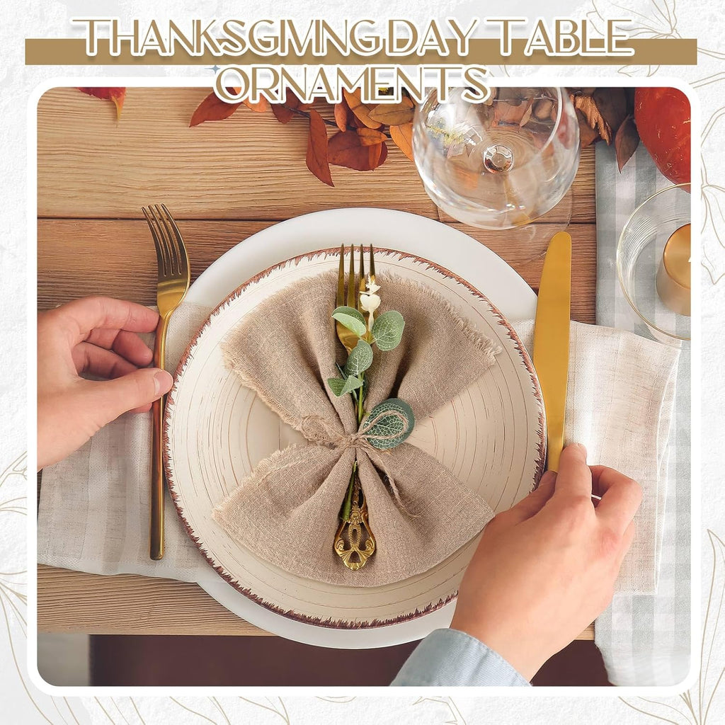 Newwiee 36 Set Boho Rustic Linen Napkins with Fringe 17 x 17 Inch Cotton Cloth Napkins Bulk with Artificial Eucalyptus Stems and Rope for Spring Bridal Wedding Birthday Decor (Brown)