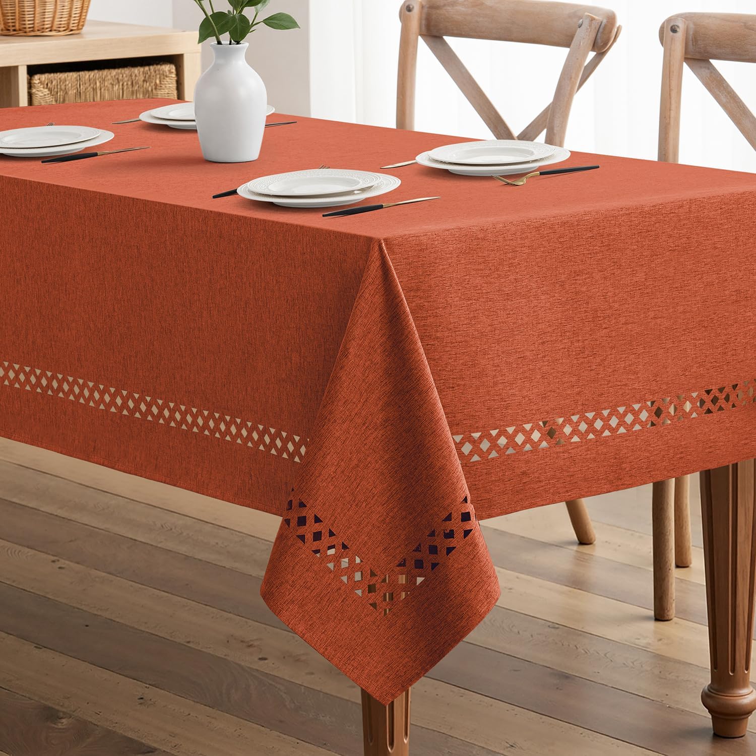 MIULEE Beige Rectangle Linen Polyester Tablecloth with Decorative Cutouts Spring Waterproof Stain Resistant & Shrink-Proof Table Cloth 60x120 inch Farmhouse Style for Dining Wedding and Outdoor