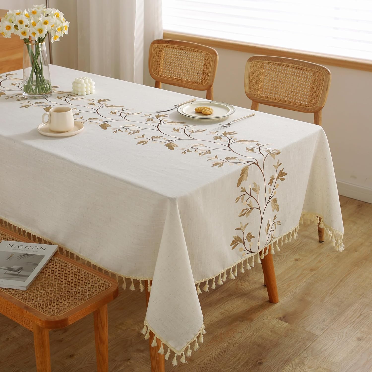 JIALE Tablecloths for Rectangle Tables, Cotton Linen Table Cloth Waterproof Tablecloth Wrinkle Free Farmhouse Dining Tables Cover, Soft Fabric Table Cloths with Tassels, Brown, 55" X 70", 4-6 Seats