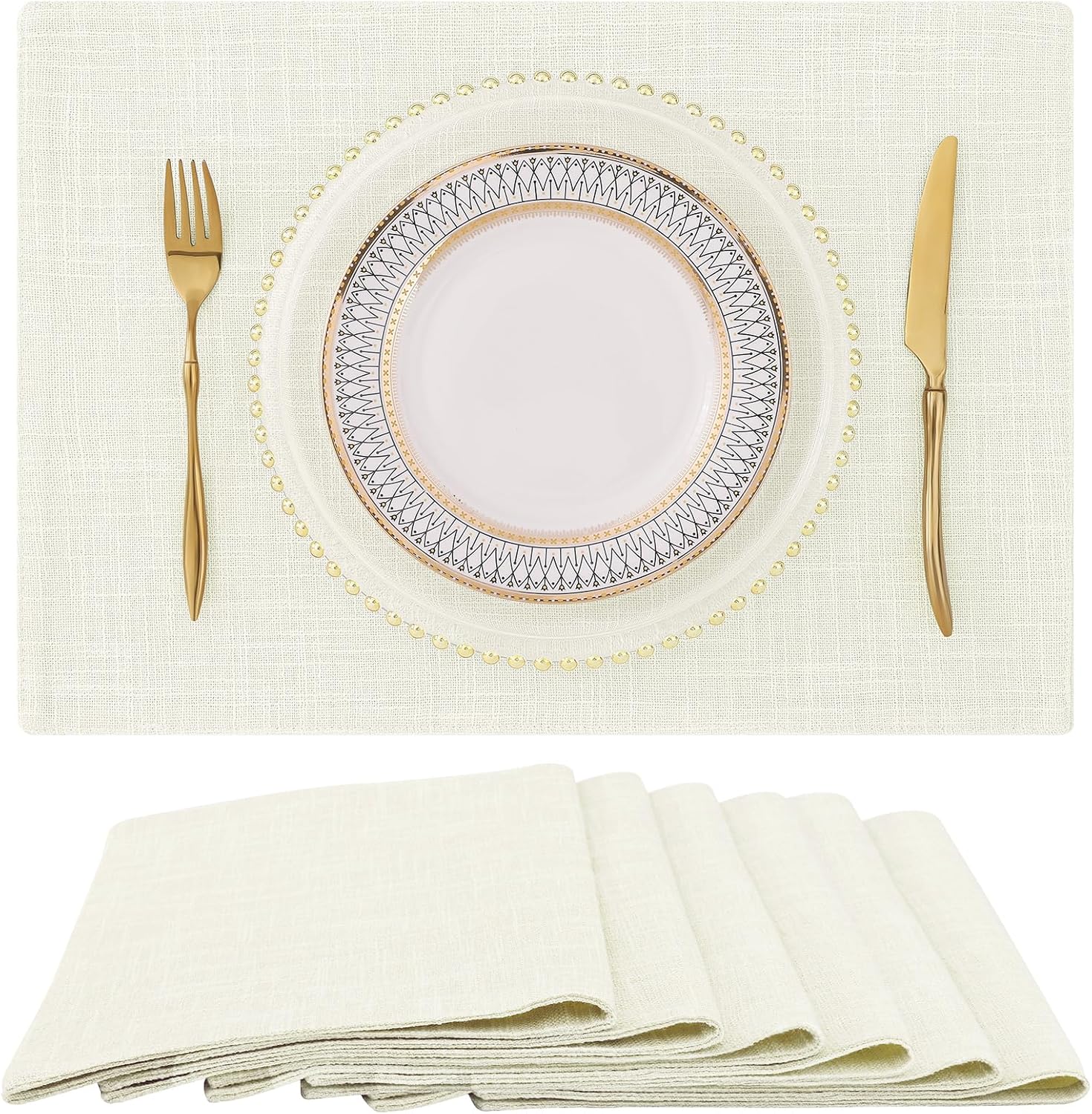 homing Cotton Linen Placemats Set of 6, Cloth Washable Farmhouse Dining Table Mats for Indoors & Outdoors, Easy to Clean, Neutral Beige, 13 x 19 Inch