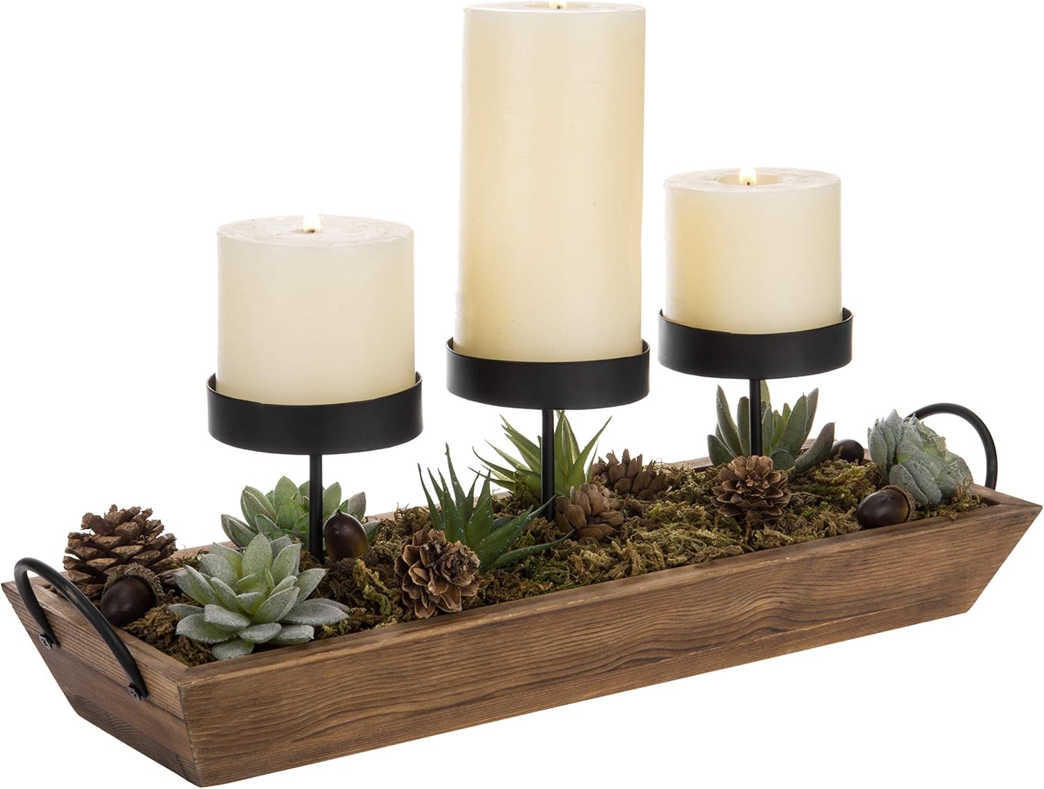MyGift 3-Pillar Black Metal Candle Holder with Rustic Wood Tray and Handles, Tabletop/Mantel Centerpiece